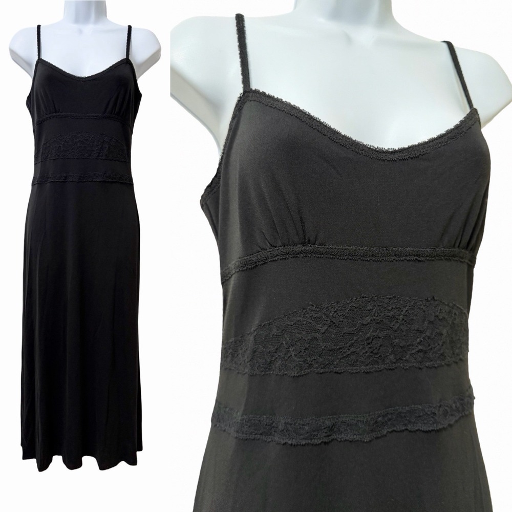 VTG Banana Republic Lace Trim Babydoll Slip Midi Dress Size 2 Black Fairy Grunge